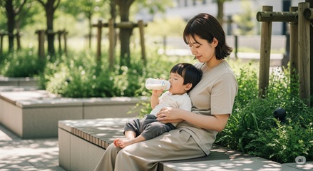 夏の乳幼児との外出時の休憩と水分補給の小技を示すイラスト