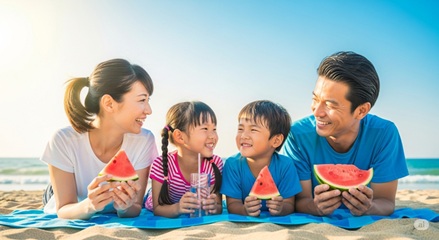 家族全員で夏の思い出を楽しんでいる写真