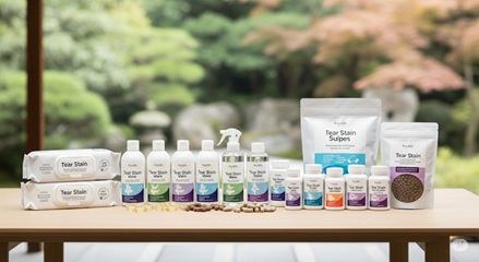トイプードルの涙やけケアに効果的な洗浄液、サプリメント、ドッグフードなどのケア用品が並べられた写真
