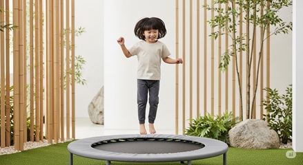 家庭用トランポリンで体幹とバランス感覚を鍛える子供の運動風景