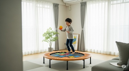 家庭用トランポリンを使った知育遊びで集中力を高める子供