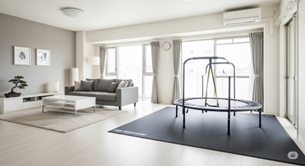 マンションのリビングに設置された静音トランポリンと防音マットの設置例