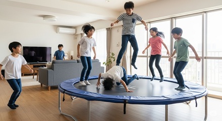 子供のトランポリン遊びの危険な例（複数人ジャンプ）