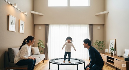子供がトランポリンをしている姿を両親が笑顔で見ている画像