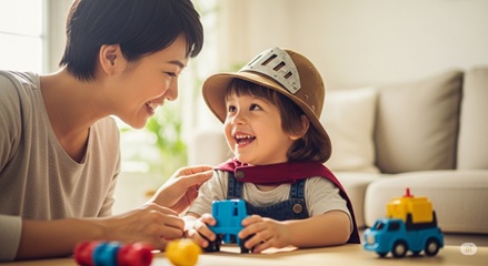 0歳から6歳の子どもと親が笑顔でごっこ遊びを楽しむ様子 | おうち遊びで創造力を育む親子の時間
