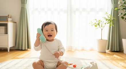 0歳児が親の真似をして電話ごっこをする様子 | 模倣遊びで言葉の発達を促す赤ちゃん
