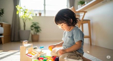 2歳児がおままごとで料理ごっこを楽しむ様子 | 知育に繋がるおうち遊びの風景