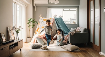 室内でテントごっこを楽しむ子どもたち | 雨の日も楽しいおうち遊び
