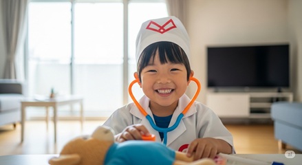 ごっこ遊びを通じて成長する子どもの後ろ姿 | 親子の絆が深まる育児の喜び