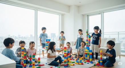 "0歳から5歳の幼児がブロック遊びで賢く育つ様子、親子で楽しむ知育の場面"