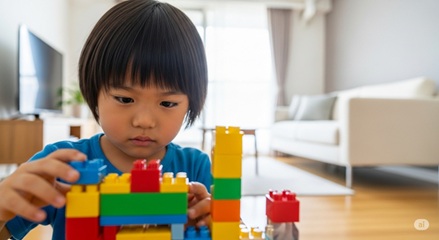 レゴブロックに集中して取り組む幼児、集中力と思考力を育む知育遊び