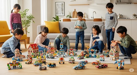 ブロックで立体的な建物を組み立てる子ども、空間認識能力を育む遊び