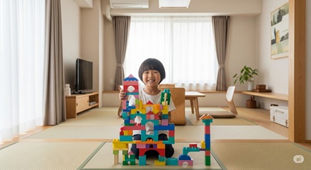 子どもが自由に作ったカラフルなブロックアート、創造力と発想力を育む