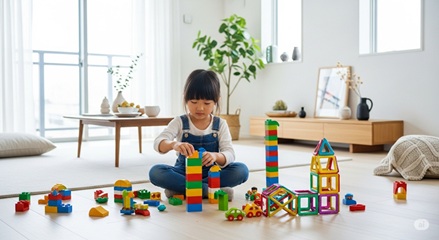 ニューブロックで自由に作品を作る3歳児、想像力を育む知育ブロック