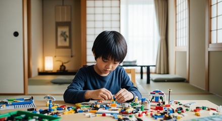 レゴブロックで精巧な街を組み立てる5歳児、集中力と論理的思考力アップ