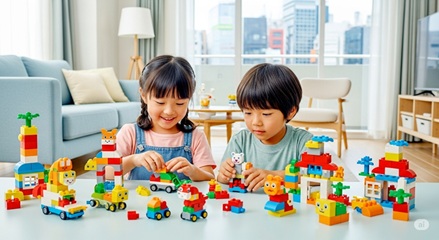 ニューブロックで自由に作品を作る3歳児、想像力を育む知育ブロック