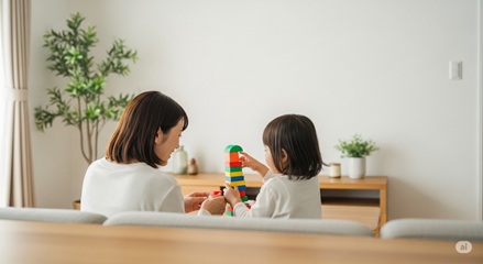 ブロック遊びを通じて親子で笑顔でコミュニケーションをとる様子、幼児教育の関わり方