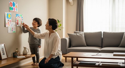 親が子どもの作品を興味深そうに見つめ、話しかけている様子。