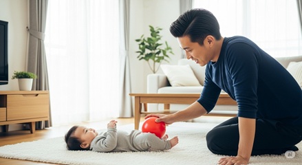 0歳児（新生児）が布製ボールを目で追いかける様子