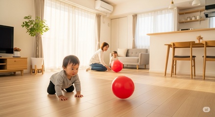 ハイハイする赤ちゃんが柔らかいボールを追いかける室内遊び