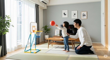 1歳半の幼児がミニゴールにボールを入れる的当て遊び