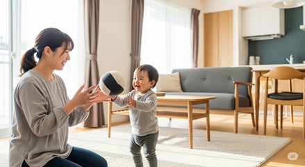 リビングで布製ボールを使って親子で遊ぶ室内ボール遊び