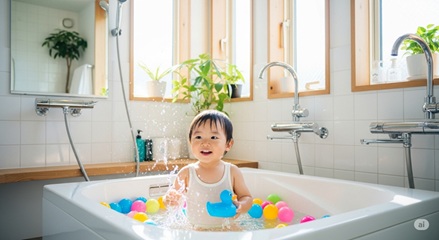 お風呂で水に浮くボールを使って遊ぶ幼児