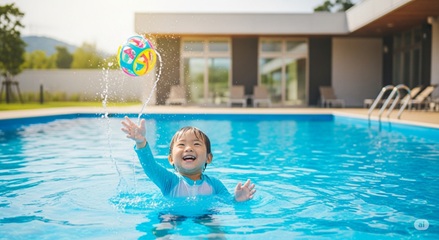 夏の屋外プールで水遊び用ボールを投げる幼児