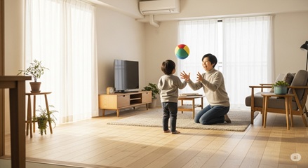 寒い冬の日にリビングで柔らかいボールで遊ぶ親子