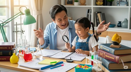 夏休みの自由研究に楽しそうに取り組む小学生と親の笑顔のイメージ