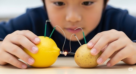 中学年小学生向け野菜電池自由研究、電気の実験で豆電球が光るイメージ