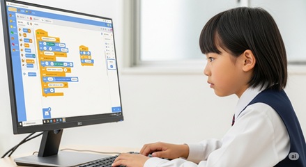高学年小学生向けプログラミング自由研究、Scratchでゲームを作る様子