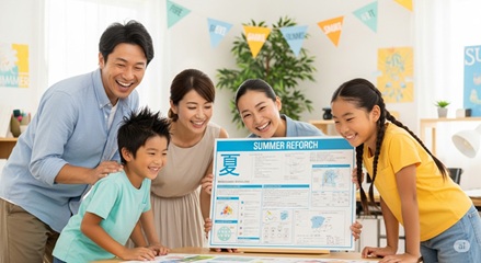 夏休みの自由研究を終え、達成感を味わう家族の笑顔の風景