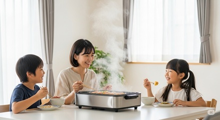ホットプレートで家族が食事しているイメージ