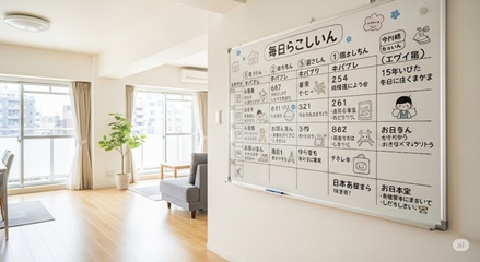 ホワイトボードに書かれた子どものルーティン表