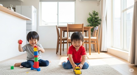 楽しそうにおうち遊びをしている乳幼児のイメージ