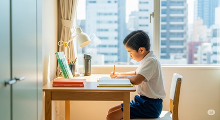 机に向かって夏休みの宿題に取り組む小学生のイメージ
