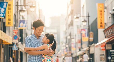 親子が笑顔で抱き合っている