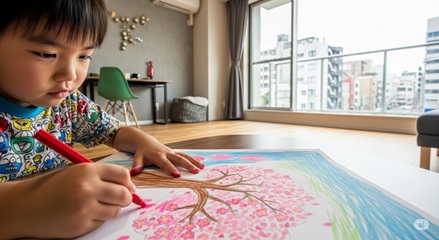 クレヨンを握って真剣に絵を描く子どもの手