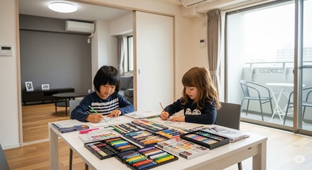 多様な画材が並べられたテーブルで絵を描く子どもたち