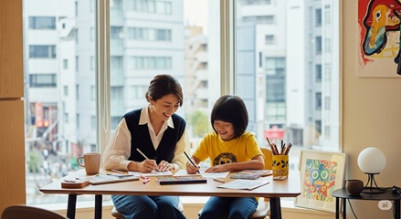 親と子が一緒に楽しそうにお絵描きしている様子