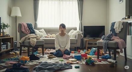 ワンオペ育児で散らかったリビングと疲労困憊の母親
