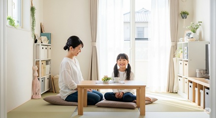 片付いた部屋でリラックスする子育てママの笑顔