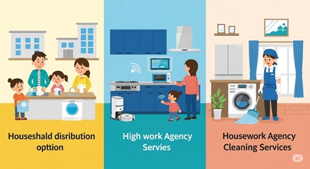 家事分担の選択肢（家事シェア、時短家電、家事代行）を示すイラスト
