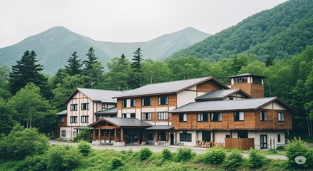 湯元ホロホロ山荘の広々としたドッグランと犬用足湯でくつろぐ犬