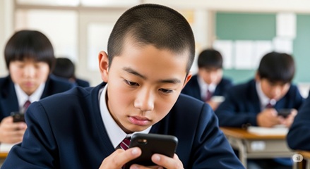 中学生がスマートフォンを長時間利用している様子。スマホ依存やデジタル漬けの状況を示唆するイラスト。