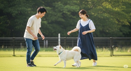 ドッグランで愛犬とアクティブに交流する犬好きカップル。積極的な婚活スタイルに合う出会いの場。