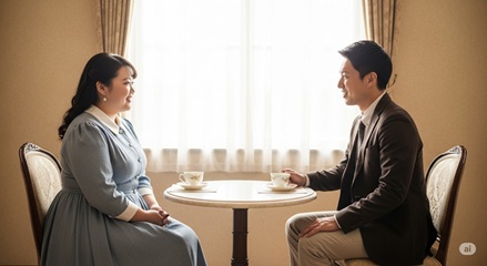 笑顔で話すぽっちゃり女性と男性。ぽちゃ婚の出会いのイメージ