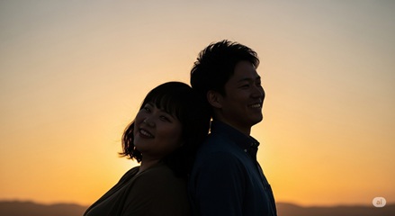 ぽっちゃり女性と男性が寄り添い、安心感や温かさを表現するイラスト