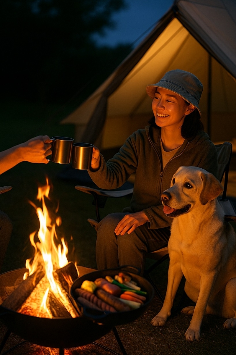 グランピングサイトでBBQを楽しむ家族と、そばで座る犬